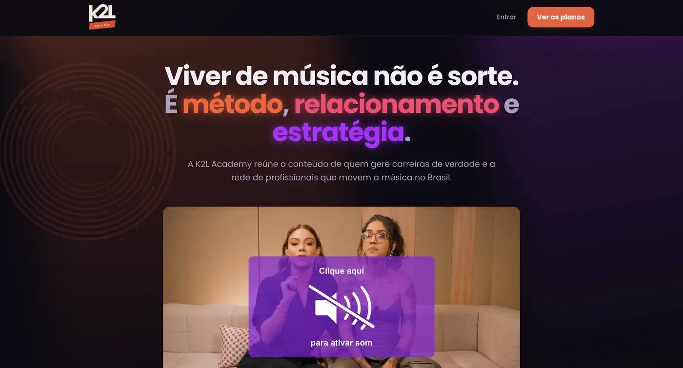 Página inicial da K2L Academy, com a chamada “Viver de música não é sorte. É método, relacionamento e estratégia.”