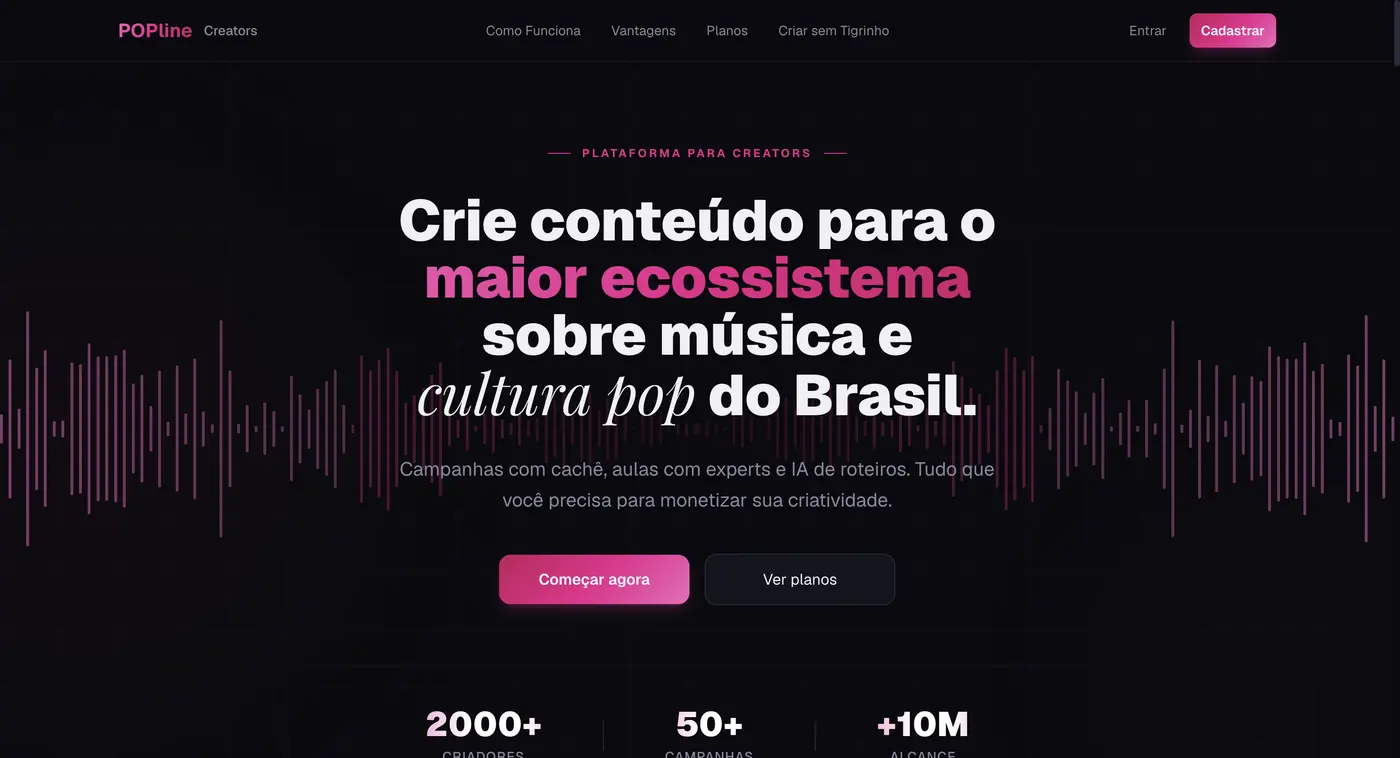 Página inicial do POPline Creators, com a chamada “Crie conteúdo para o maior ecossistema sobre música e cultura pop do Brasil”